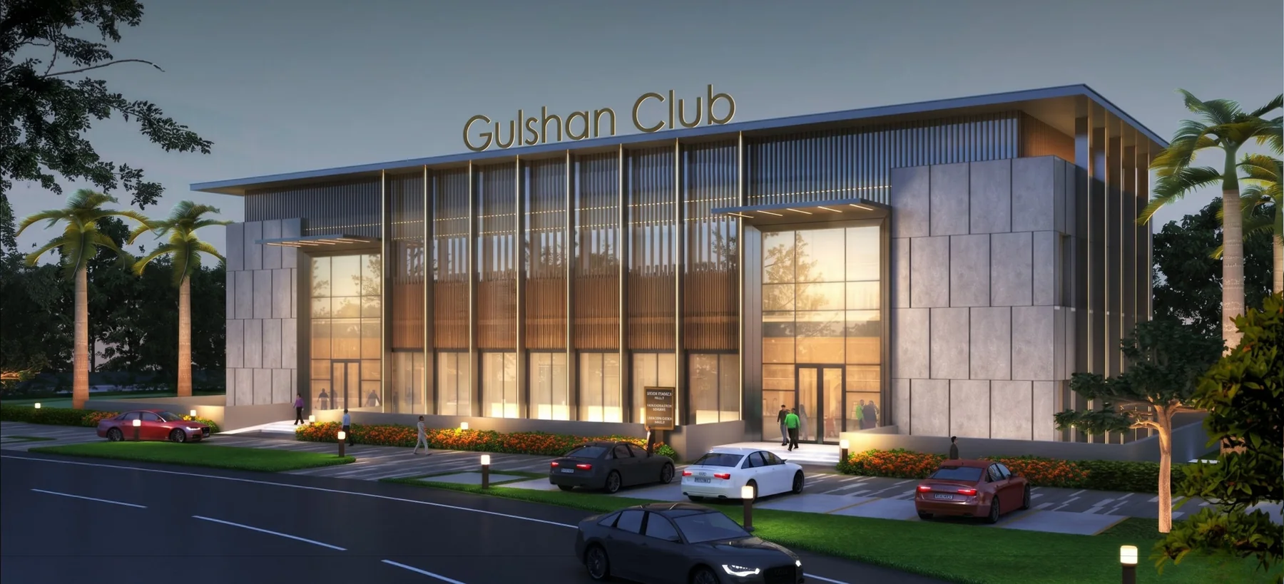 Gulshan Club at Gulshan Empire, Wave City — clubhouse render at dusk with palm-lined drop-off